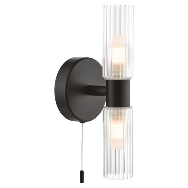 Підсвітка для дзеркала Dar Lighting BOL0922 Bolton 2 Light Bathroom Wall Light Matt Black and Ribbed Glass IP44