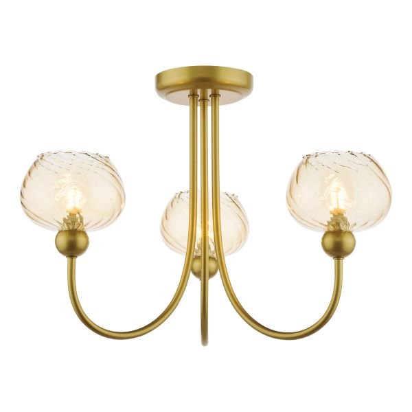 Люстра Dar Lighting COG0335 Cognac 3 Light Semi-Flush Satin Gold and Champagne Ribbed Glass