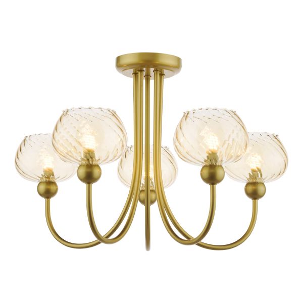 Люстра Dar Lighting COG0535 Cognac 5 Light Semi-Flush Satin Gold and Champagne Ribbed Glass
