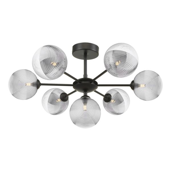 Żyrandol Dar Lighting COH3422-19 Cohen 7 Light Pendant Matt Black With Smoked/Clear Ribbed Glass