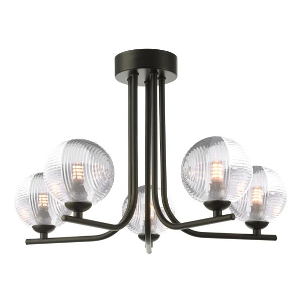 Люстра Dar Lighting CRA5422-18 Cradle 5 Light Semi Flush Matt Black With Smoked/Clear Ribbed Glass