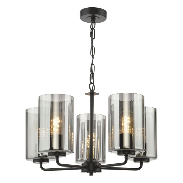 Люстра Dar Lighting DAY0522 Daylin 5 Light Pendant Satin Black and Smoked Ribbed Glass