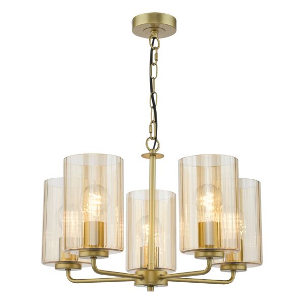 Люстра Dar Lighting DAY0535 Daylin 5 Light Pendant Satin Gold and Amber Ribbed Glass