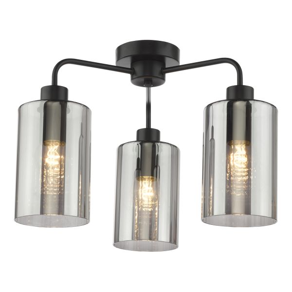 Żyrandol Dar Lighting DAY5322 Daylin 3 Light Semi-Flush Satin Black and Smoked Ribbed Glass