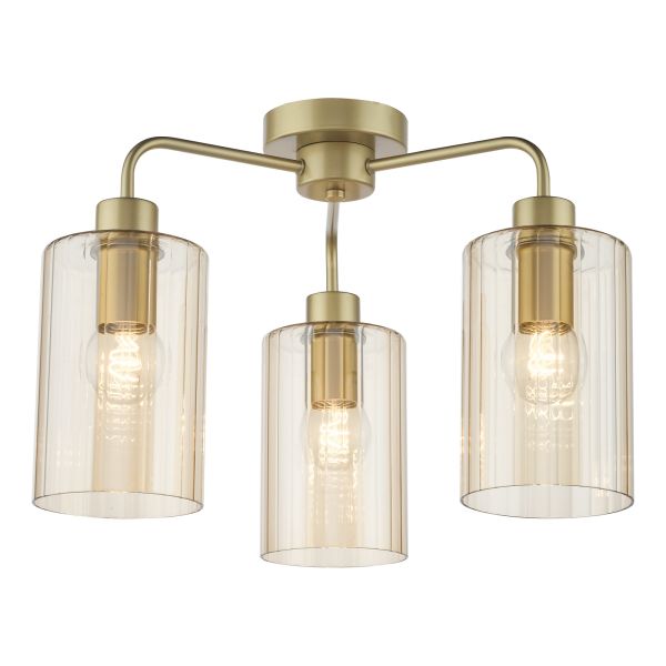 Люстра Dar Lighting DAY5335 Daylin 3 Light Semi-Flush Satin Gold and Amber Ribbed Glass