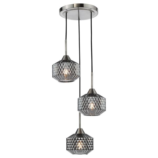 Підвісний світильник Dar Lighting FAB0338 Fabrienne 3 Light Cluster Pendant Satin Nickel and Smoked Glass