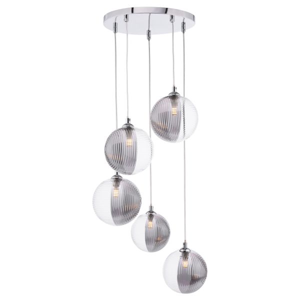 Підвісний світильник Dar Lighting FED0550-19 Federico 5 Light Cluster Pendant Polished Chrome With Smoked/Clear Ribbed Glass