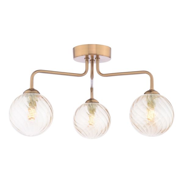 Люстра Dar Lighting FEY0363-25 Feya 3 Light Semi-Flush Antique Bronze With Twisted Amber Glass