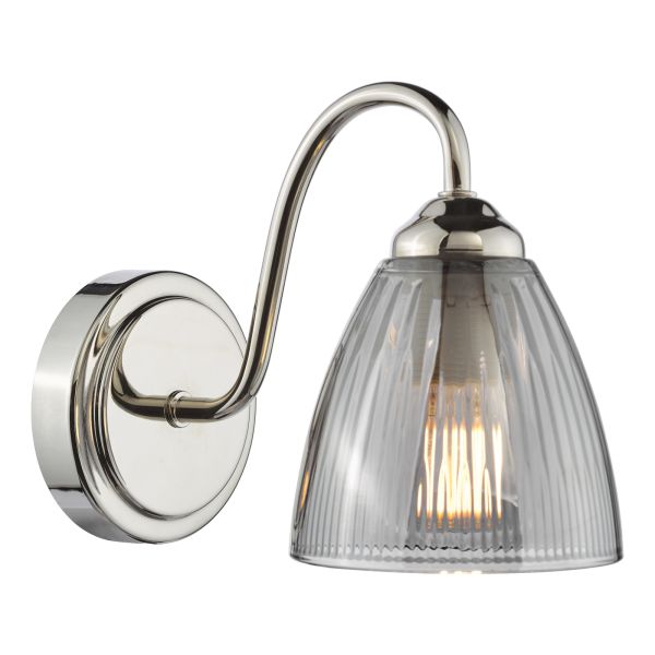 Kinkiet Dar Lighting GLY0738 Glynis Wall Light Polished Nickel and Smoked Ribbed Glass