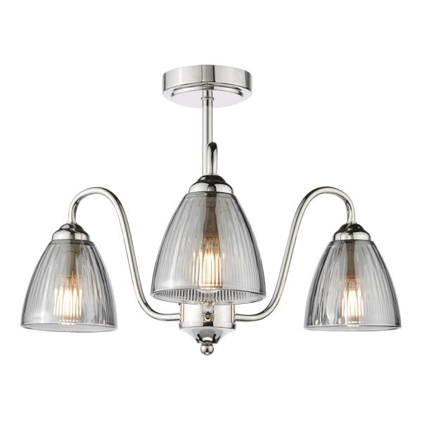 Żyrandol Dar Lighting GLY5338 Glynis 3 Light Semi-Flush Polished Nickel and Smoked Ribbed Glass