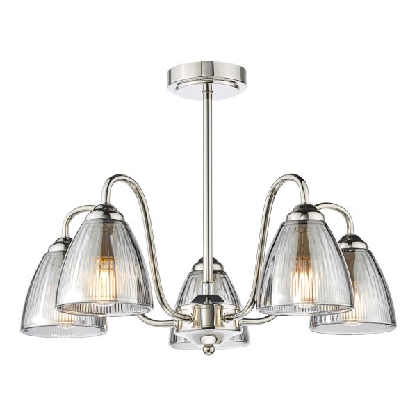 Żyrandol Dar Lighting GLY5438 Glynis 5 Light Semi-Flush Polished Nickel and Smoked Ribbed Glass
