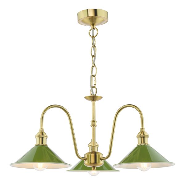 Żyrandol Dar Lighting HAD0340-07 Hadano 3 Light Pendant Natural Brass and Matt Green
