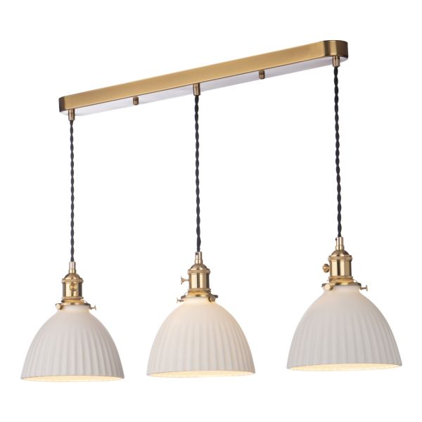 Lampa wisząca Dar Lighting HAD3640-09 Hadano 3 Light Bar Pendant Natural Brass & Ceramic Domed Shade
