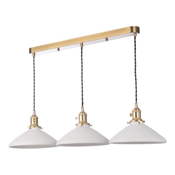 Lampa wisząca Dar Lighting HAD3640-10 Hadano 3 Light Bar Pendant Natural Brass & Ceramic Shallow Shade