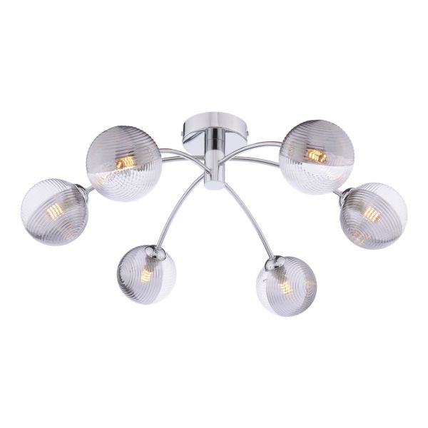 Żyrandol Dar Lighting IZZ0650-18 Izzy 6lt Semi Flush Polished Chrome With Smoked/Clear Ribbed Glass