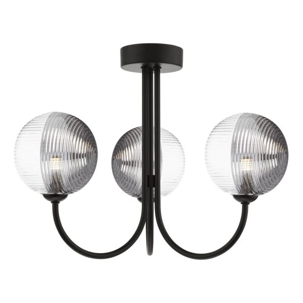 Люстра Dar Lighting JAR0322-19 Jared 3 Light Semi Flush Matt Black With Smoked/Clear Ribbed Glass