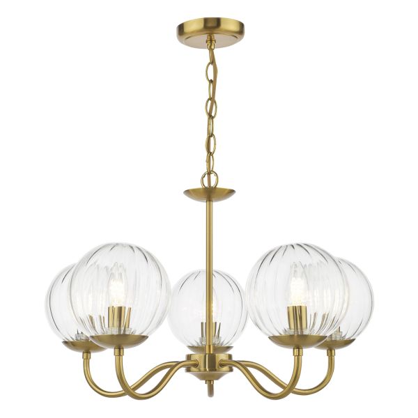 Żyrandol Dar Lighting JOC0542 Jocelyn 5 Light Armed Pendant Natural Brass and Glass