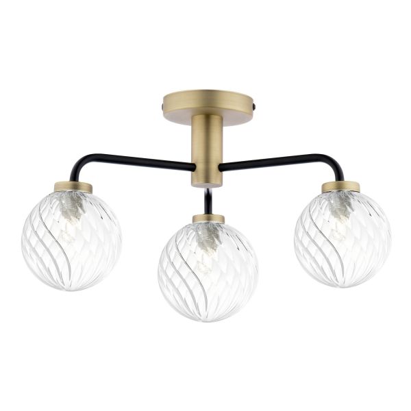 Люстра Dar Lighting LAI5354-03 Lainey 3 Light Semi-Flush Matt Black and Antique Brass With Twisted Glass