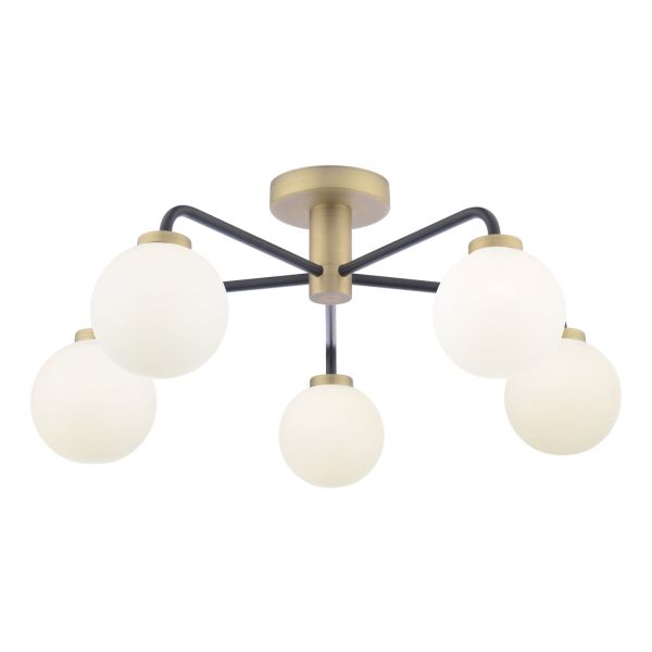 Люстра Dar Lighting LAI5454-02 Lainey 5 Light Semi-Flush Matt Black and Antique Brass With Opal Glass