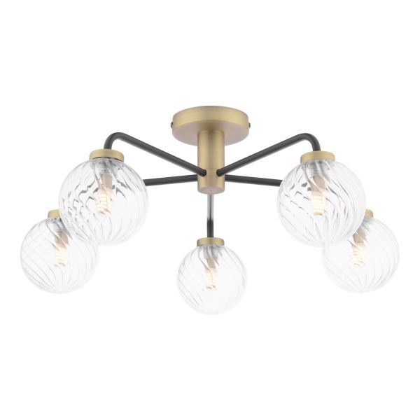 Люстра Dar Lighting LAI5454-03 Lainey 5 Light Semi-Flush Matt Black and Antique Brass With Twisted Glass