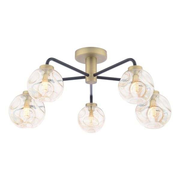 Люстра Dar Lighting LAI5454-27 Lainey 5 Light Semi-Flush Matt Black and Antique Brass With Closed Organic Amber Glass