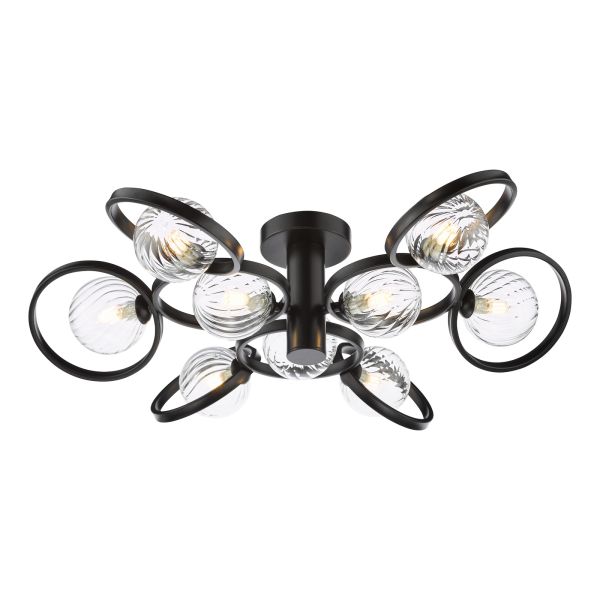 Żyrandol Dar Lighting LYN4822-03 Lynette 9 Light Semi-Flush Satin Black With Twisted Glass