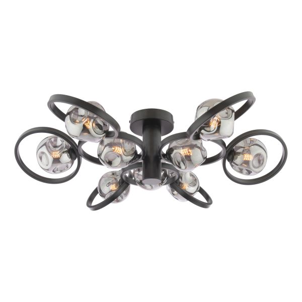 Żyrandol Dar Lighting LYN4822-28 Lynette 9 Light Semi-Flush Satin Black With Closed Organic Smoked Glass