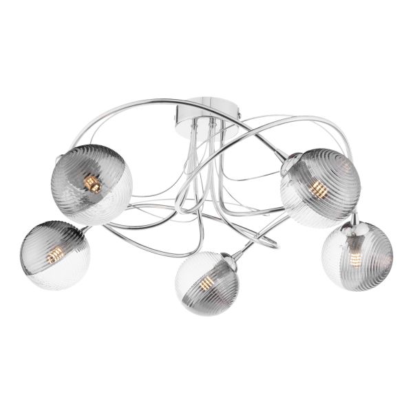 Люстра Dar Lighting ONA5450-18 Onawa 5lt Semi Flush Polished Chrome With Smoked/Clear Ribbed Glass