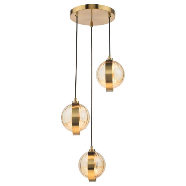Підвісний світильник Dar Lighting OPH0335 Ophira 3 Light Cluster Pendant Antique Gold and Amber Ribbed Glass