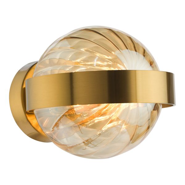 Kinkiet Dar Lighting OPH0735 Ophira Wall Light Antique Gold and Amber Ribbed Glass
