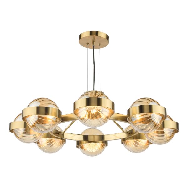 Żyrandol Dar Lighting OPH0835 Ophira 8 Light Pendant Antique Gold and Amber Ribbed Glass