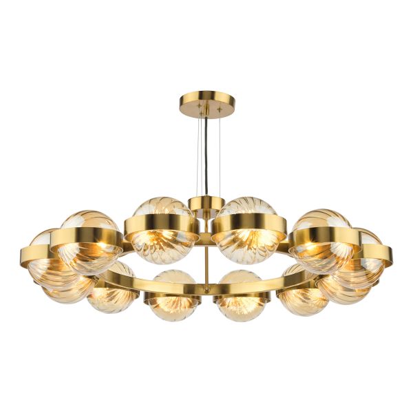 Люстра Dar Lighting OPH1235 Ophira 12 Light Pendant Antique Gold and Amber Ribbed Glass