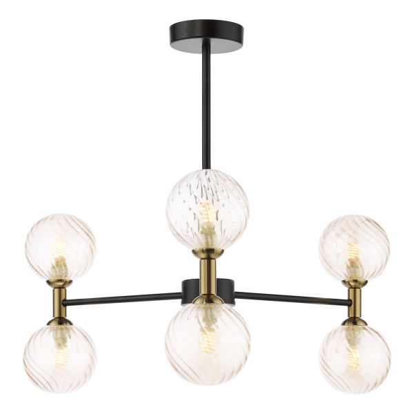 Люстра Dar Lighting TAK0654-25 Takara 6 Light Semi-Flush Matt Black and Bronze With Twisted Amber Glass