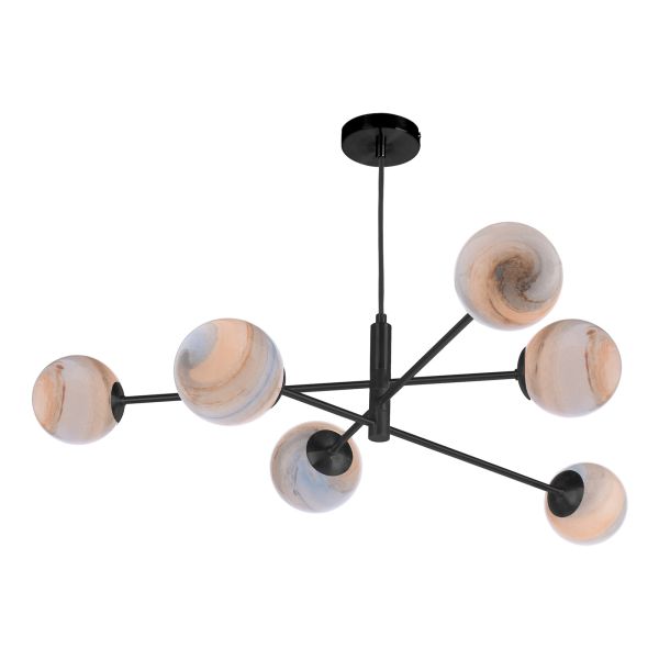 Żyrandol Dar Lighting VIG0622-07L Vignette 6 Light Pendant Matt Black With Planet Style Glass