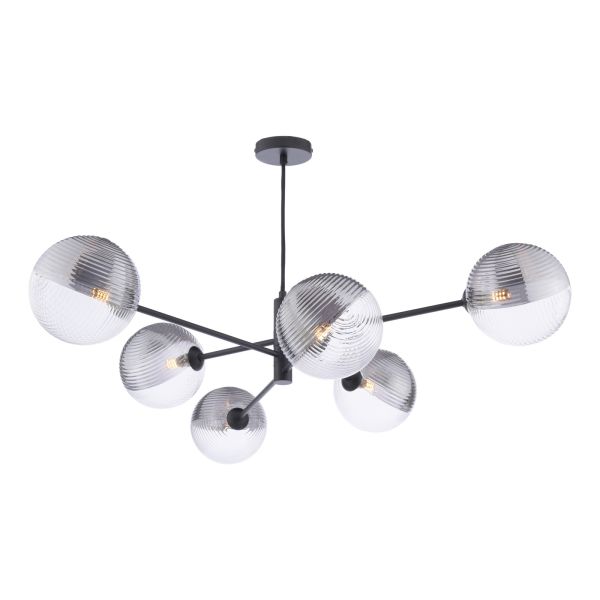 Żyrandol Dar Lighting VIG0622-19 Vignette 6 Light Pendant Matt Black With Smoked/Clear Ribbed Glass