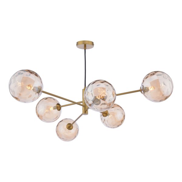 Żyrandol Dar Lighting VIG0645-11 Vignette 6 Light Pendant Aged Brass With Amber Dimpled Glass