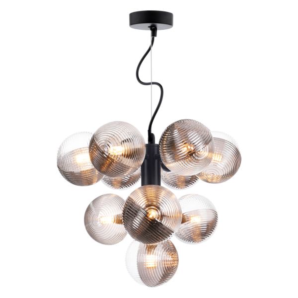 Żyrandol Dar Lighting VIN2322-18 Vine 10 Light Pendant Satin Black With Smoked/Clear Ribbed Glass