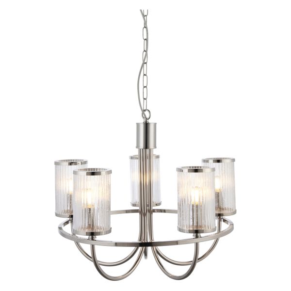 Żyrandol Endon 100014 Henbury 5 Light Pendant, Bright nickel plate & ribbed bubble glass