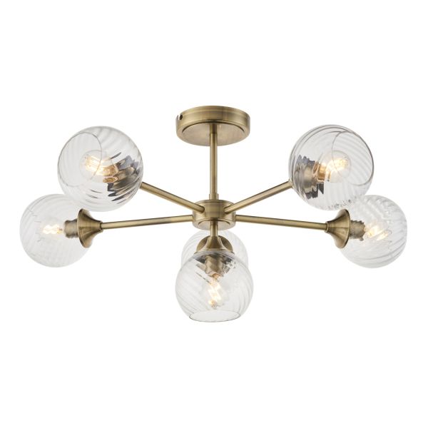 Żyrandol Endon 103171 Allegra 6lt Semi Flush, Antique brass plate & clear spiral glass