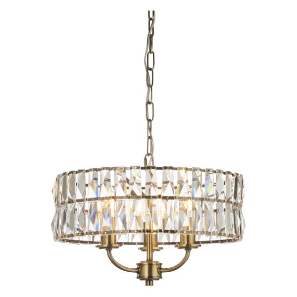 Żyrandol Endon 106243 Clifton 3lt Pendant, Antique brass plate & clear crystal glass
