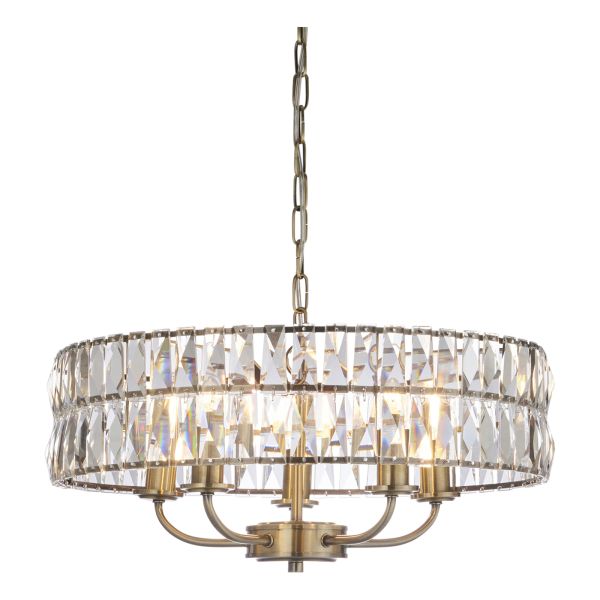 Żyrandol Endon 106244 Clifton 5lt Pendant, Antique brass plate & clear crystal glass