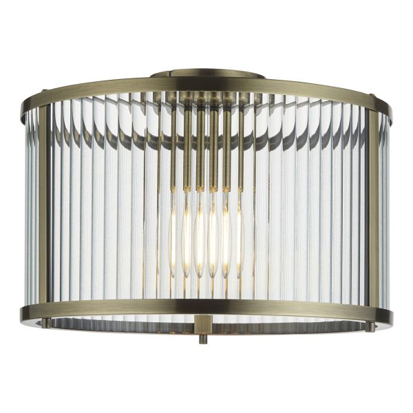 Żyrandol Endon 106265 Ridgeton Flush, Antique brass plate & clear ribbed glass