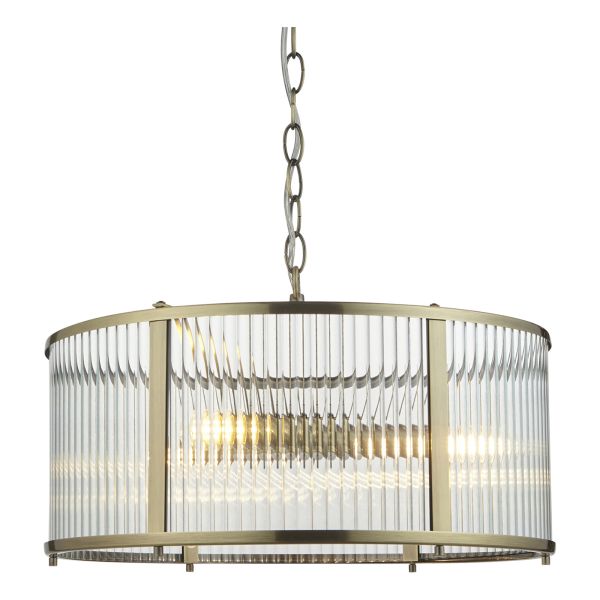 Żyrandol Endon 106282 Ridgeton 3lt Pendant, Antique brass plate & clear ribbed glass