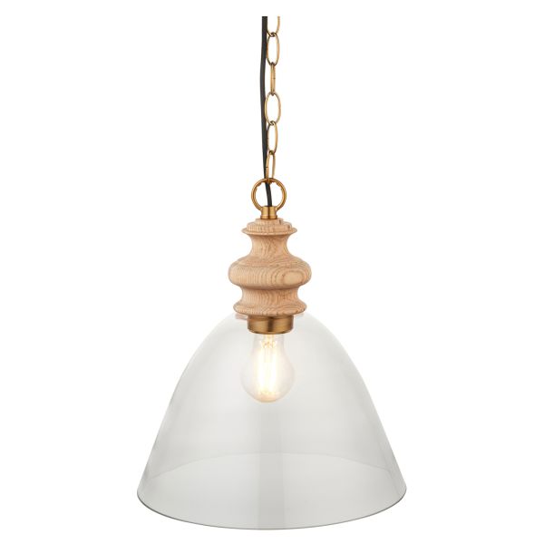 Lampa wisząca Endon 110825 Cotswold Pendant, Natural ash, brushed aged brass plate & clear glass