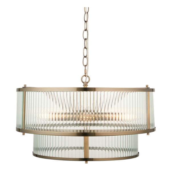 Żyrandol Endon 110944 Ridgeton 5lt Pendant, Antique brass plate & clear ribbed glass