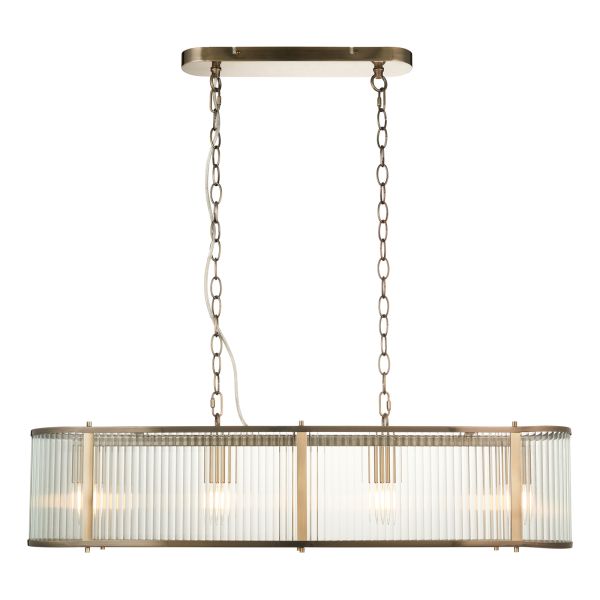 Żyrandol Endon 110945 Ridgeton 4lt Linear Pendant, Antique brass plate & clear ribbed glass