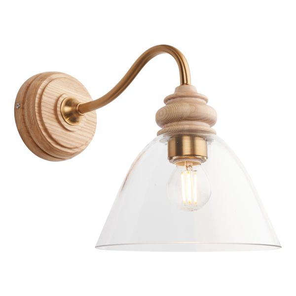 Kinkiet Endon 113371 Cotswold Wall Light, Natural ash, brushed aged brass plate & clear glass