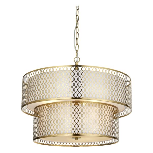 Żyrandol Endon 113420 Cordero 6lt Tiered Pendant, Gold effect plate, white fabric & frosted glass