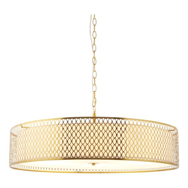 Żyrandol Endon 113421 Cordero 5lt Grand Pendant, Gold effect plate, white fabric & frosted glass