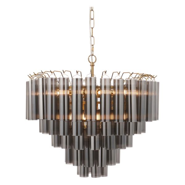 Żyrandol Endon 114197 Toulouse 12lt Pendant, Satin brass plate & smokey grey lustre glass